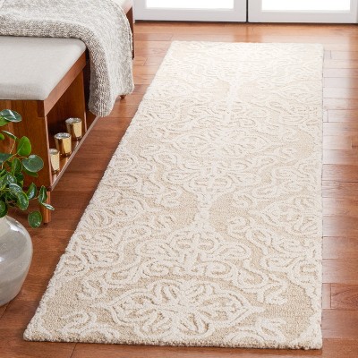 Beige and Ivory Floral Hand Tufted Wool Runner Rug