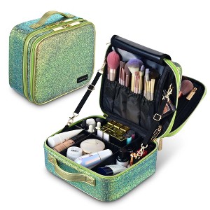Byootique Portable Glitter Makeup Train Case Brush Holder Cosmetic Bag Travel Green - 1 of 4