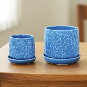 KTMBDW Ceramic Planter Pot Set of 2, Modern Flowerpot with Drainage Hole and Saucer, Embossed Leaf Design Flowerpot for Patio, Garden - 1 of 4