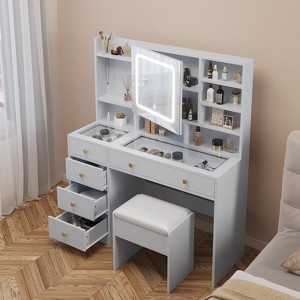 White Linen Particle Board with Triamine Tempered Glass Table Top Vanity Table Set - 1 of 4