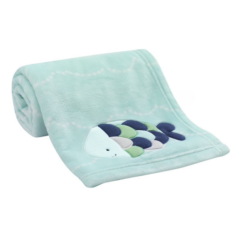 Lambs & Ivy Oceania Blue Turquoise Coral Fleece Baby Blanket with Fish, 1 of 4