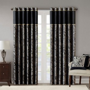 Yukimo 50x95" Jacquard Curtain Panel Pair - Black Faux Silk with Paisley Design, Oeko-Tex Certified, Light Filtering (2 Panels) - 1 of 4