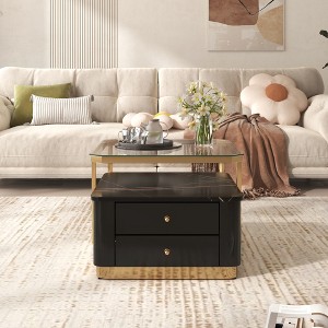 Modern 2 Pieces Black Square Nesting Coffee Table with Drawers & Electroplated gold legs in 27.6'' - 1 of 4