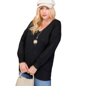Slickblue Women’s Plus Size 3/4 Sleeve Sweater with Side Slits, V-Neck Hi-Lo Hem, Black, Size 1XL–3XL - 1 of 4