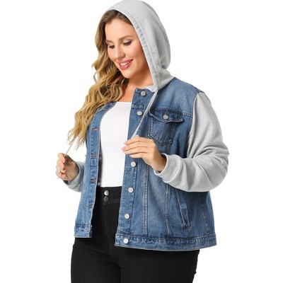 Agnes Orinda Women s Plus Size Denim Hood Drawstring Fall Winter Button Jean Jackets Blue 1X