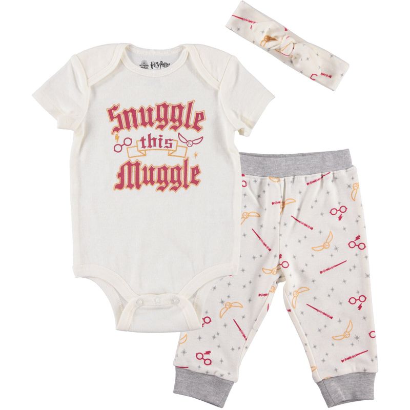 Harry Potter Baby Girls Bodysuit Pants and Headband 3 Piece Outfit Set Newborn to Infant, 1 of 10