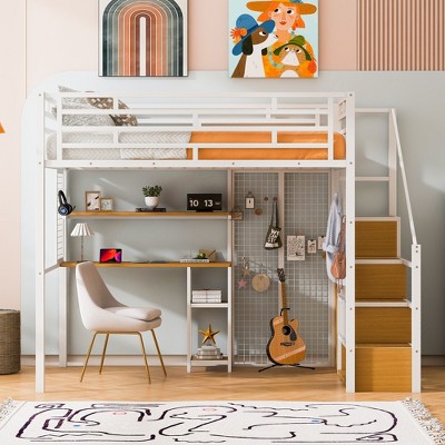 YOOCOZZ Full Size Metal Loft Bed with Built-In Desk, Shelves, Storage Staircase, Grid Boards and Wardrobe