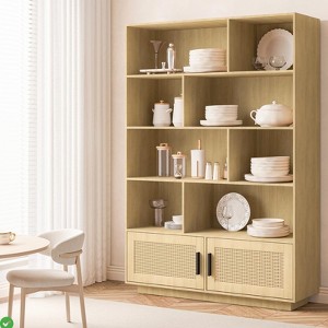 5-Tier Boho Bookcase with Rattan Doors, Tall Wooden Storage Cabinet with Adjustable Shelves, Natural Finish for Living Room, Bedroom, or Home Office - 1 of 4