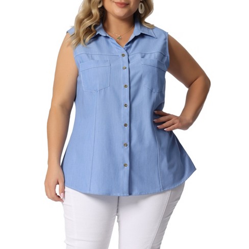 Agnes Orinda Plus Size Summer Tops For Sleeveless Button Down Work Shirts Chambray Blouses 2023 Light Blue 3x : Target