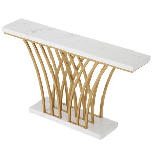 Gulches Modern Faux Marble Console Table, Grid Metal Base, White & Gold, 59" - 1 of 4
