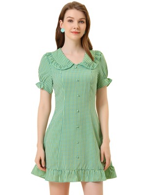 INSPIRE CHIC Women's Plaid Gingham Puff Sleeve Ruffle Peter Pan Collar Vintage Dress