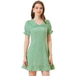 INSPIRE CHIC Women's Plaid Gingham Puff Sleeve Ruffle Peter Pan Collar Vintage Dress - 1 of 4