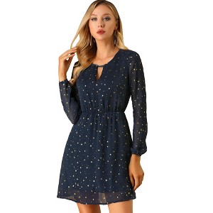 INSPIRE CHIC Women's Choker V Neck Vintage Flared Gilding Metallic Shiny Star A-Line Dress - 1 of 4