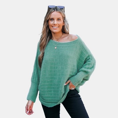 Women's Chic Soft Mint Green Ribbed Knit Pullover with Batwing Sleeves Sweater - Cupshe