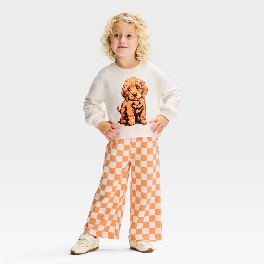 Grayson Mini Toddler Girls' 2pc Halloween Pumpkin Dog Sweatshirt and Checkered Pants Set - Off-White 2T