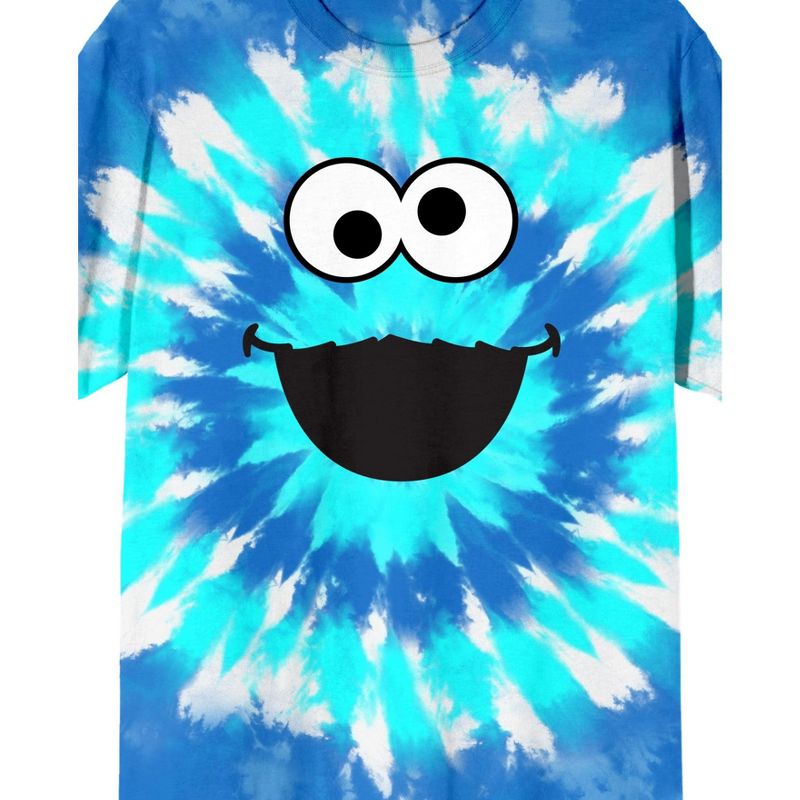 Sesame Street Cookie Monster Big Face Crew Neck Short Sleeve Blue & White Tie Dye Men's T-shirt, 2 of 3