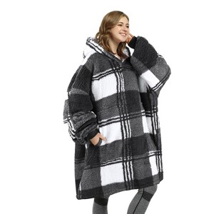 Catalonia Oversized Plaid Wearable Blanket Hoodie Sweatshirt for Woman Man, Super Warm 320GSM Fleece Plush Lined Pullover, Cozy Gift for Woman Man - 1 of 4