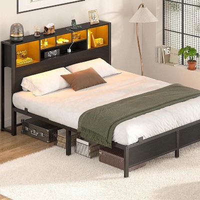 Aheaplus Bed Frame with Bookcase Headboard, Charging Station and LED Light