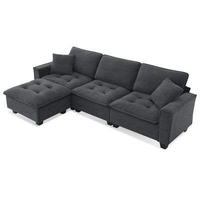 Modern Convertible Sectional Sofa with Ottoman and Free Pillows, Suede Velvet, 100*59", L-shaped, 3 Colors