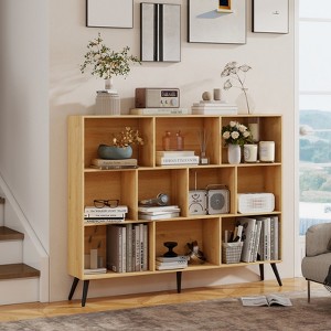 Wooden 10 Cube Bookshelf, 3 Tier Freestanding Open Bookcase with 5 Iron Legs, Open Storage Organizer, Floor Standing Display Cabinet - 1 of 4