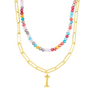 Adornia 14k Gold Plated Adjustable Layered Color Beads and Paperclip Chain Initial Necklace - 1 of 3