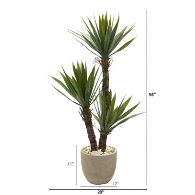 56" Green Silk Yucca Faux Potted Plant in Sandstone Planter