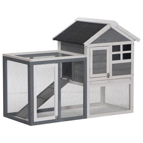 PawHut Wooden Indoor Rabbit Hutch Elevated Bunny Cage with Enclosed Run  W/Wheel