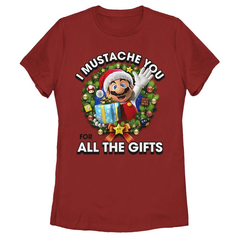 Women's Nintendo Christmas Super Mario Mustache T-Shirt, 1 of 4