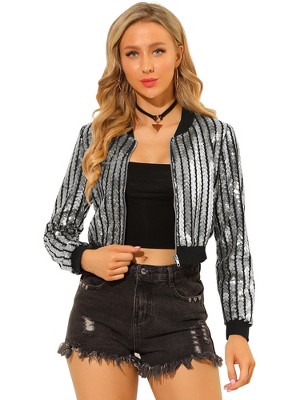 INSPIRE CHIC Women's Glitter Sparkle Long Sleeve Front Zip Party Shiny Crop Bomber Sequin Jackets