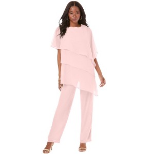 Roaman's Women's Plus Size Tiered Short Sleeve Pant Set - 1 of 4