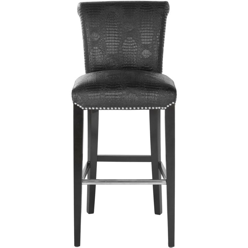 Seth Transitional Black Crocodile Leather Bar Stool with Silver Nailhead