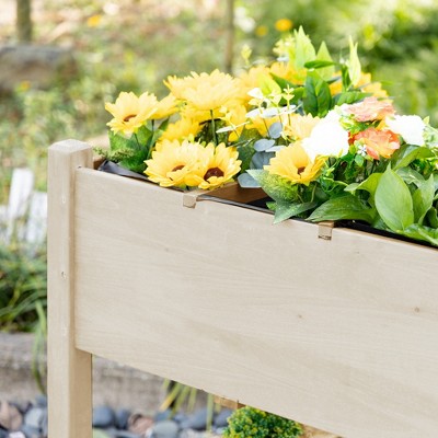 Elevated Natural Wood Garden Bed with Wheels and Storage Shelf