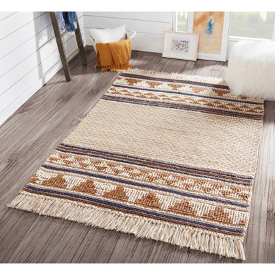 Ivory and Brown Geometric Braided Wool Cotton Rug 8' x 10'