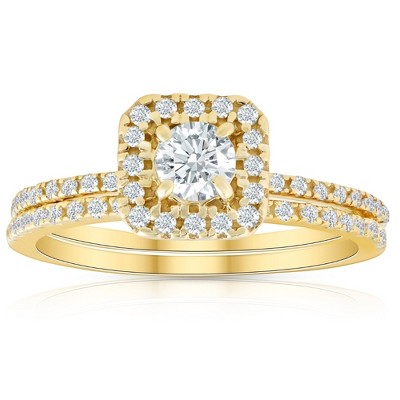 Pompeii3 5/8 Ct TDW Diamond Cushion Halo Engagement Wedding Ring Set Yellow Gold