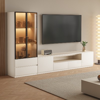 ATJafurn Modern 3 Piece Living Room Entertainment Center Set Includes TV Stands, Glass Display Cabinet and Nightstand For 75 Inch TV, White