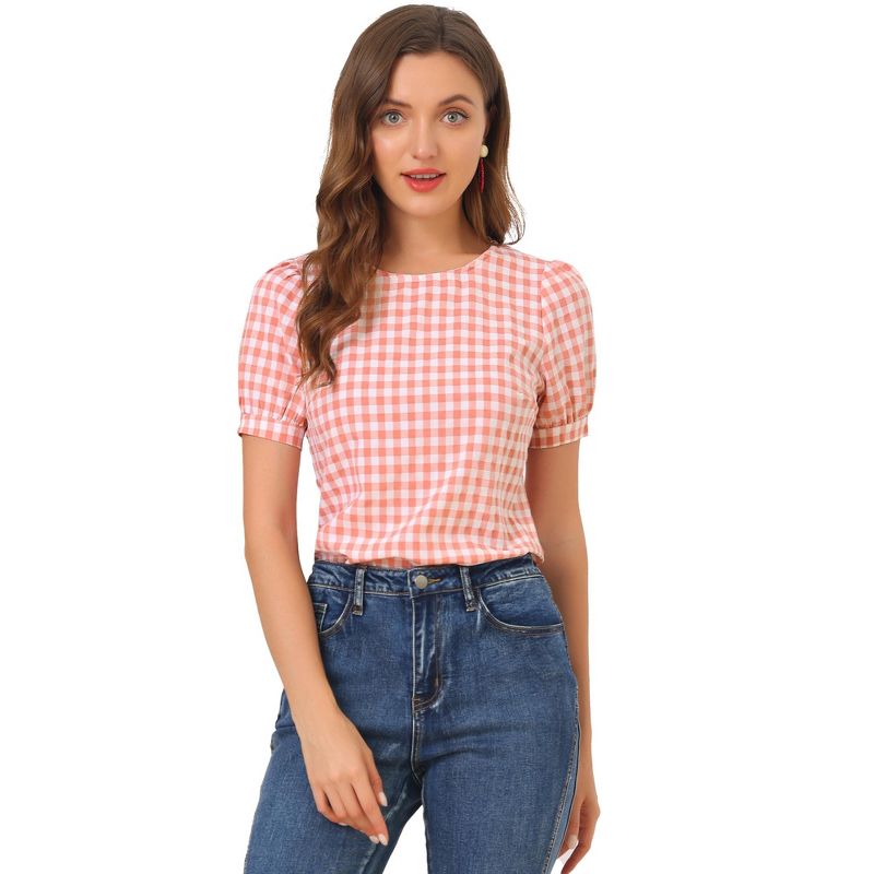 Allegra K Women's Vintage Crew Neck Puff Sleeve Casual Plaid Gingham Blouse, 1 of 7