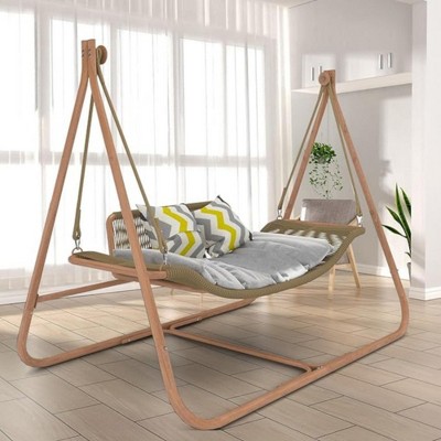 NAYSAYE Patio Swing Hammock Chair with Stand Wood-Colored Frame and Cushion for Indoor and Outdoor Use, Gold and Brown, 70"*60"*70"