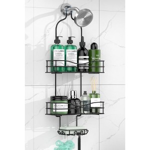 Aoibox 3-Tier Shower Caddy Organizer with Soap Holder & 6 Hooks for Towels, Sponge, Fits Standard Shower Head, Black - 1 of 4