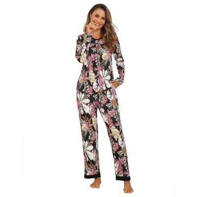 Womens Pajama Sets Round Neck Pajama Tops with Pant Side Pocket Pajama Pants Floral/Leopard Pajamas Long Sleeve Sleepwear
