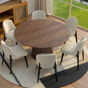 PexFix 52" Modern Round Dining Table Set with 6 Upholstered Chairs Walnut Textured Wood Top Pleated Pedestal Base Beige Seats for Kitchen Dining Room - 1 of 4