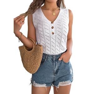 Womwns Sweater Knit Tank Tops Spring Summer Casual V Neck Sleeveless Hollow Out Crochet Vest - 1 of 4