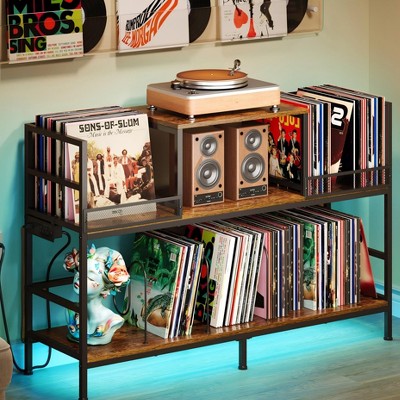 MOEPISY Record Player Stand with Power Outlets, Turntable Stand Cabinet Holds 350+ Vinyl Records
