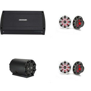 Kicker Pontoon - Tritoon Boat Audio Upgrade, (4) 8" LED Marine Speakers, 10" Subwoofer tube & KXMA 5Ch. Marine Amplifier Bundle - 1 of 4