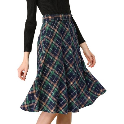 Allegra K Women's A-Line Tartan Plaid High Waist Belted Vintage Midi Skirt
