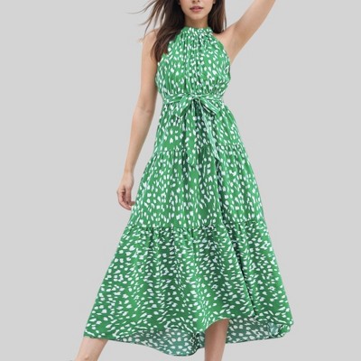 Anna-Kaci Women's Tiered Maxi Dress with Halter Neck and Waist Tie - Medium, Green