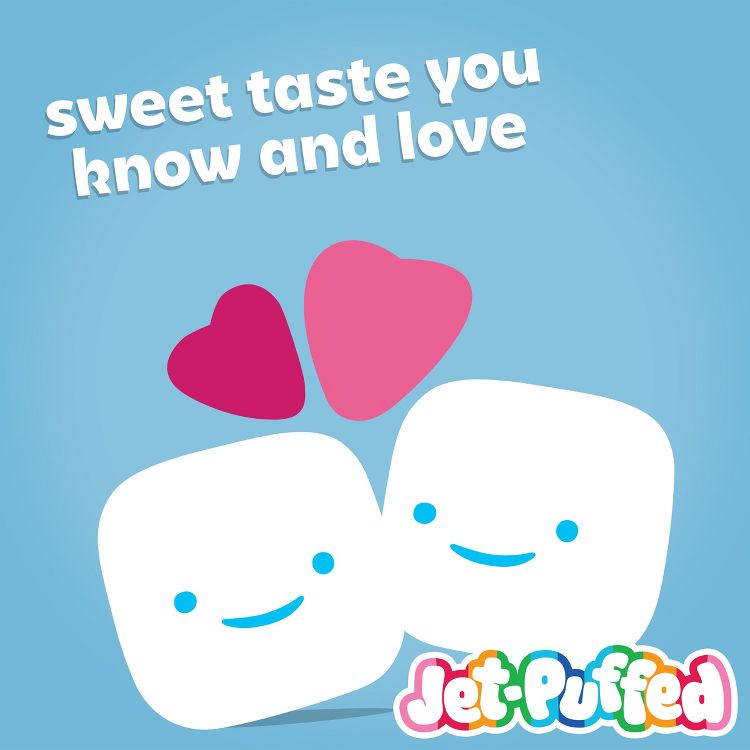 Two smiling marshmallow characters with pink and red heart shapes above them and the text "sweet taste you know and love" on a blue background.