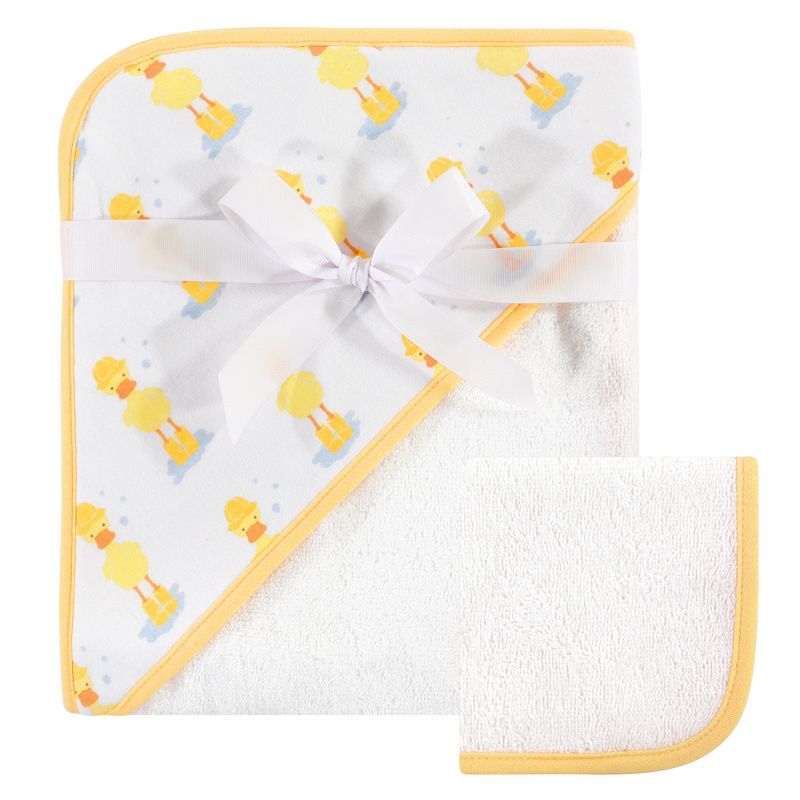 Hudson Baby Infant Cotton Hooded Towel and Washcloth 2pc Set, Duck, One Size, 1 of 3