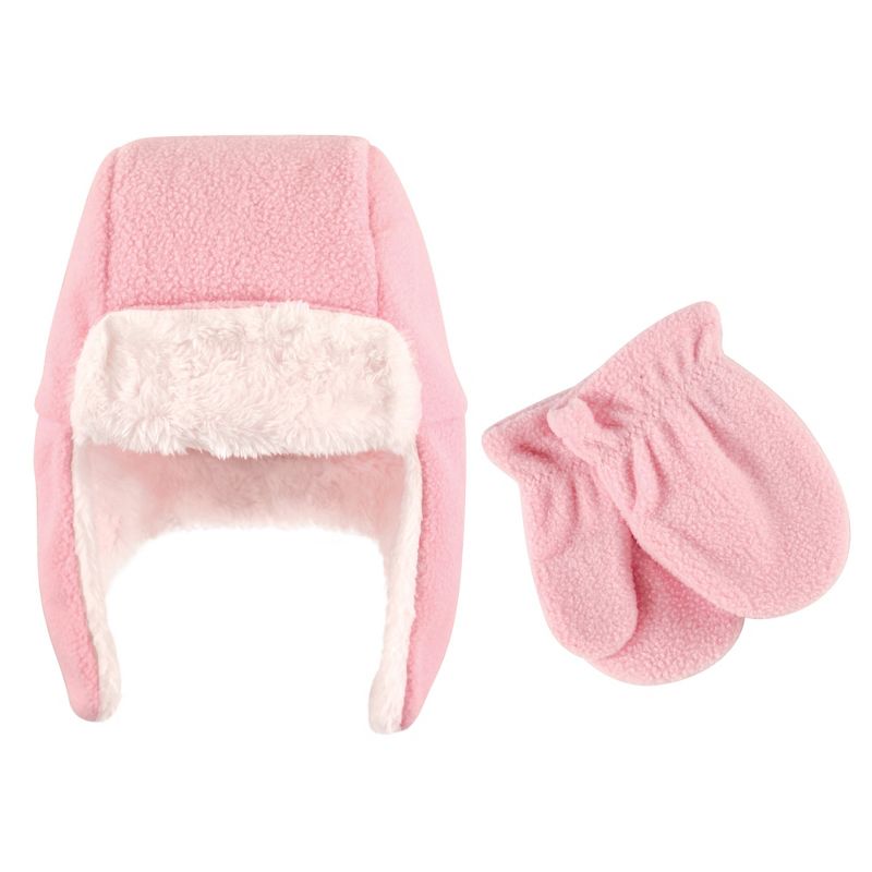 Hudson Baby Toddler Girl Fleece Trapper Hat and Mitten 2pc Set, Light Pink, 1 of 3