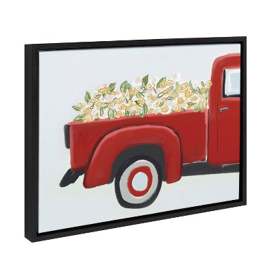 Kate & Laurel All Things Decor 18"x24" Red Truck with Flowers Framed Canvas by Border Bloom Black