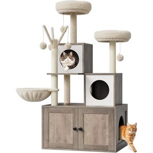 Cat Tree House, Cat Condos, Aesthetic Cats Tree, Hidden Litter Box, Wooden Cats Furniture with Multiple Platforms with Sisal Scratching Posts - 1 of 4